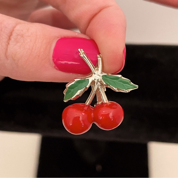 Vintage Silver Tone Red Enamel Cherry Coquette Girl Ballet Dainty Pin / Brooch - Picture 1 of 9